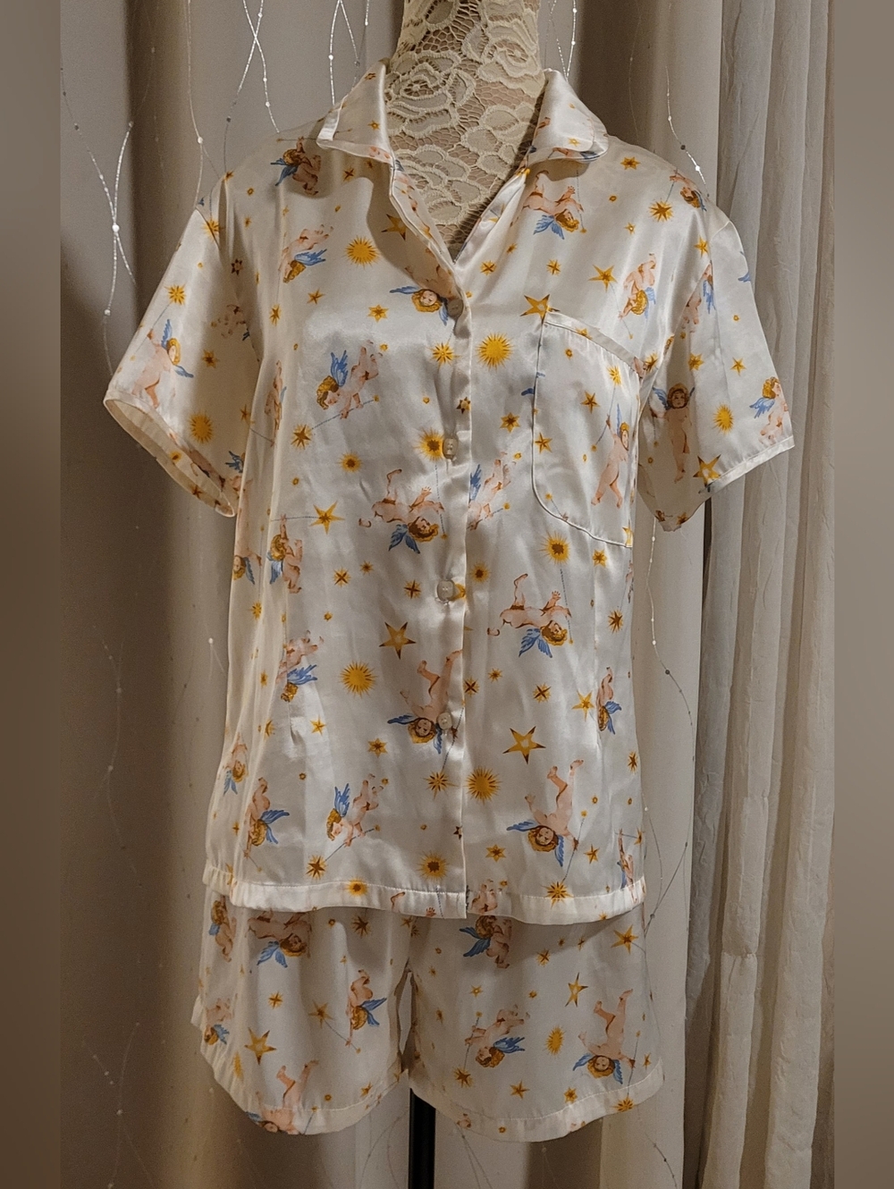 ​Vintage Esleep Cherub Angel Celestial Satin Pajama Set Size Medium